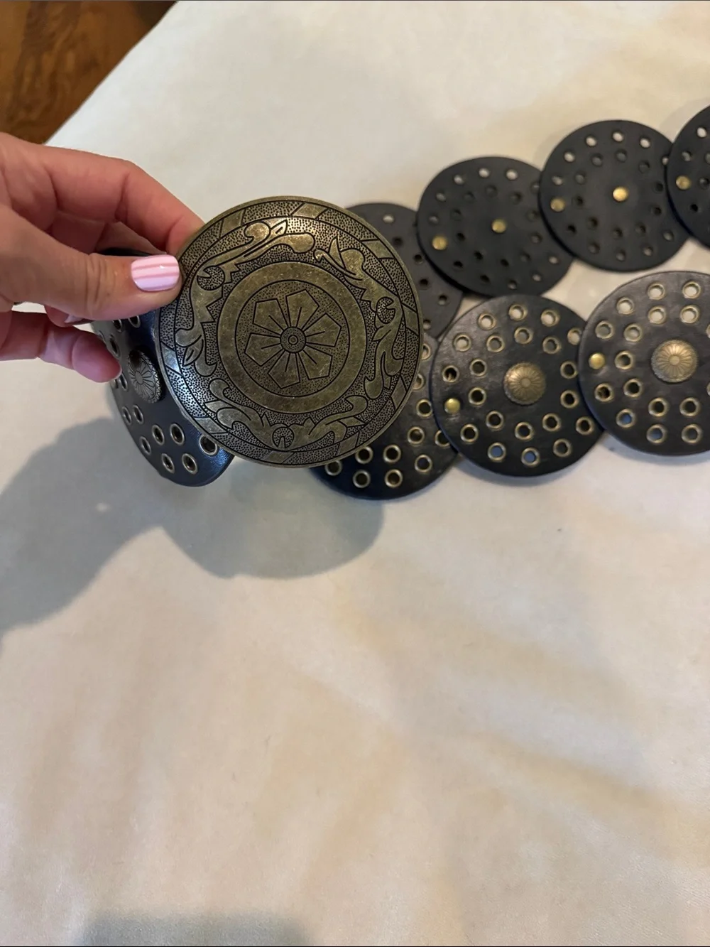 Amazon Black Leather Disc Waist Belt with Antique Gold Medallion Buckle